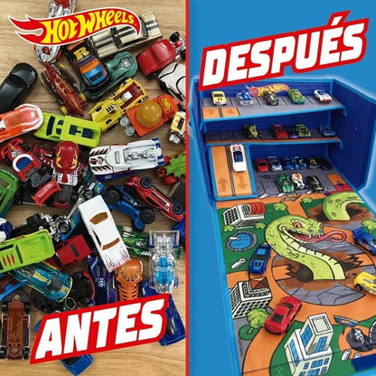 Hot Wheels Caixa de Garagem com Tapete de Brincar - 3 em 1 Caixa de Armazenamento Dobrável para Carrinhos com Pistas de Velocidade | Armazenamento para Carrinhos de Brinquedo (Carrinhos Não Inclusos)