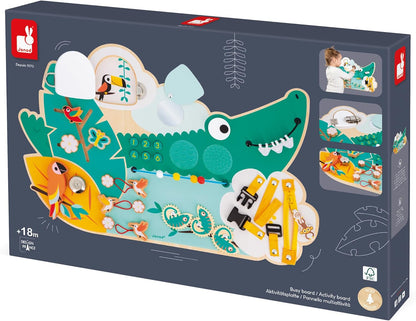 Janod - Busy Board Croco - Quadro de Atividades - Tema Animais da Selva - 14 Atividades - Brinquedo Infantil para Meninos e Meninas - Habilidades Motoras Finas - Brinquedo de Madeira FSCTM - A partir de 18 Meses - J08280
