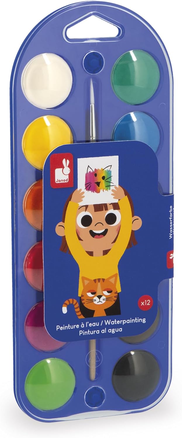 Janod - Pincéis - 4 tamanhos diferentes - Pincéis, Janod - Tintas para dedos para bebês a partir de 1 ano, Janod - Paleta de tinta à base de água - 12 almofadas e pincel, Janod - Avental de pintura infantil a partir de 18 meses