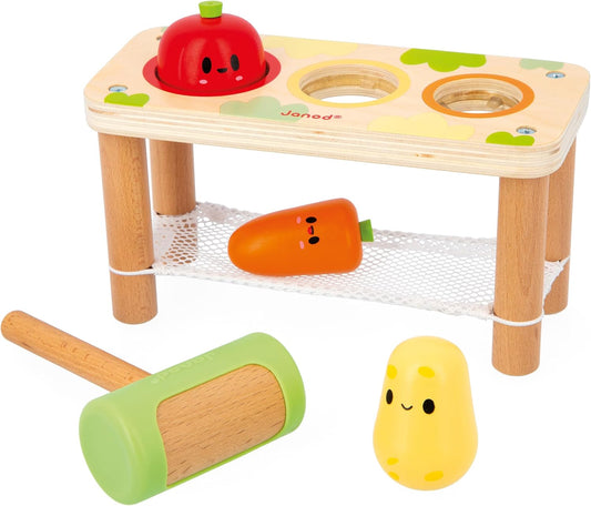 Janod Whack-A-Farm Game - Juguete de aprendizaje temprano para niños pequeños - 3 verduras de jardín + 1 martillo - Desarrolla la motricidad fina - Juguete de madera FSC - 12 meses +, J03309, multicolor