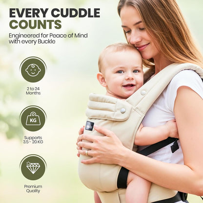 Canguru Ergonômico para Bebês Recém-Nascidos e Crianças Pequenas - 100% Algodão, Tecido Respirável, Canguru Ajustável com Opções de Carregamento Frontal e nas Costas - Canguru Macio e Estruturado para Mães e Pais - Cáqui
