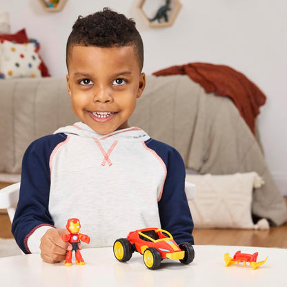 Figura do Homem-Aranha e seus Incríveis Amigos, Homem de Ferro, com Veículo, 7,6 cm, Brinquedo de Super-Herói para Meninos e Meninas a partir de 3 Anos, Conjunto Colecionável da Marvel com Figura e Veículo, Presente Perfeito para Crianças