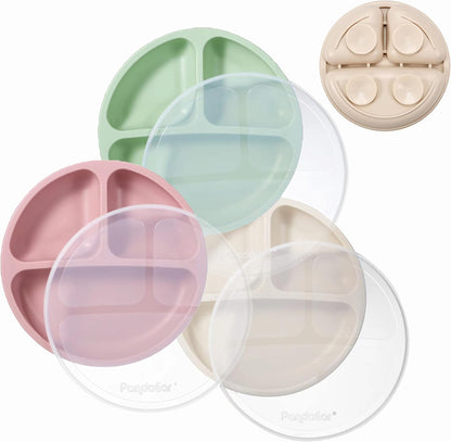 PandaEar Conjunto de 3 Pratos de Silicone com Ventosa para Introdução Alimentar do Bebê, com Tampas e Divisórias