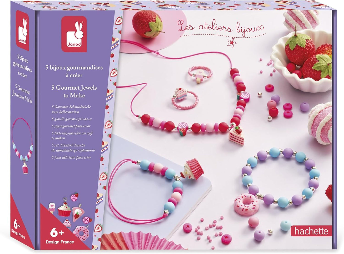 Janod - 5 Joias para Criar - Tema Gourmandises Donuts Cupcakes e Bolos - Kit de Lazer Criativo - Atividade Manual para Crianças - A partir de 6 Anos - J09183