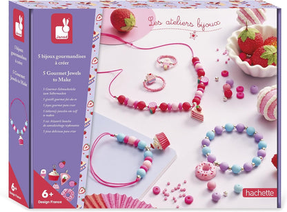 Janod - 5 Joias para Criar - Tema Gourmandises Donuts Cupcakes e Bolos - Kit de Lazer Criativo - Atividade Manual para Crianças - A partir de 6 Anos - J09183