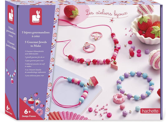 Janod - 5 Joias para Criar - Tema Gourmandises Donuts Cupcakes e Bolos - Kit de Lazer Criativo - Atividade Manual para Crianças - A partir de 6 Anos - J09183