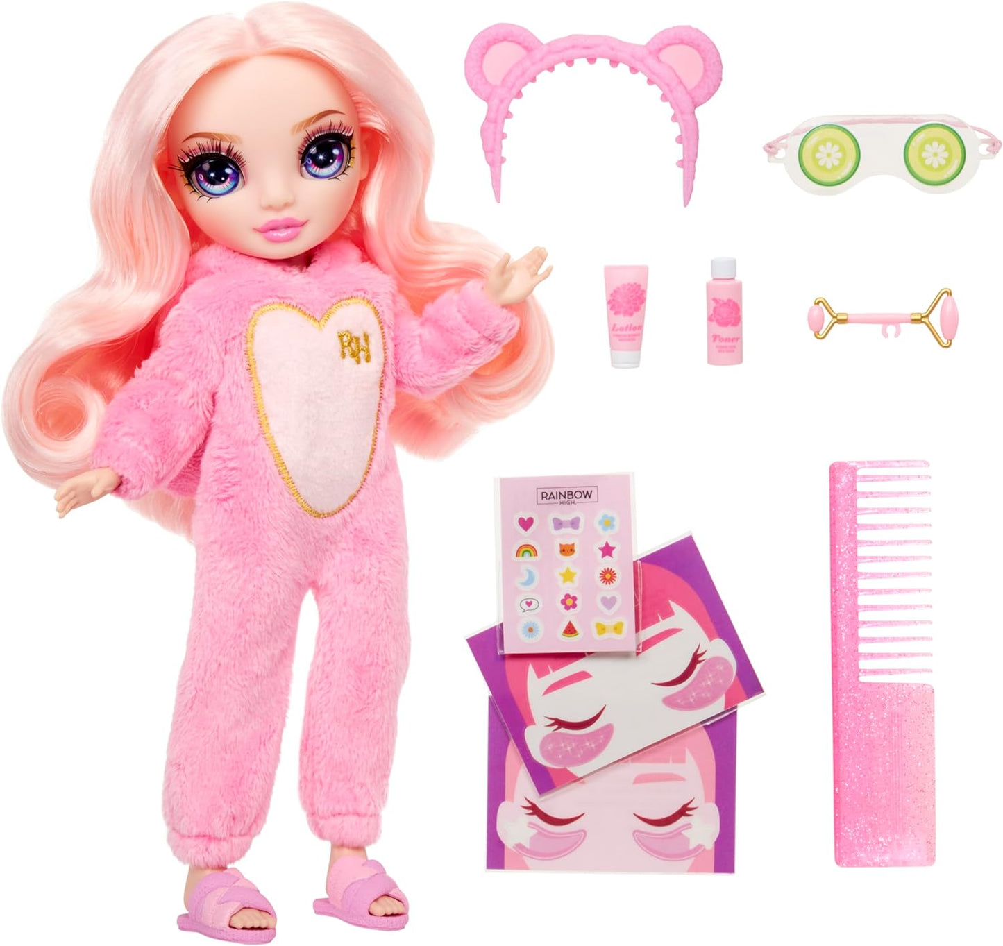 Rainbow High Junior High PJ Party - Bella (rosa) - Muñeca articulada de 9" con mameluco suave, pantuflas y accesorios de juego - Juguete para niños pequeños - Ideal para edades de 4 a 12 años