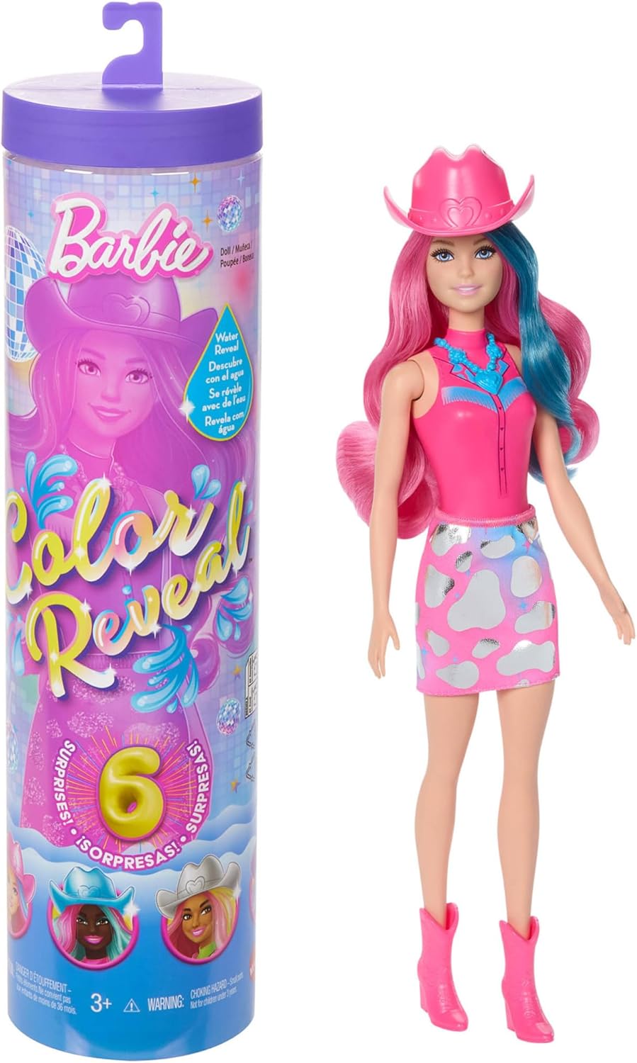 Barbie Boneca Color Reveal e acessórios com 6 surpresas, série Disco Star com brilho metálico e corpete que muda de cor (os estilos podem variar), JCP01