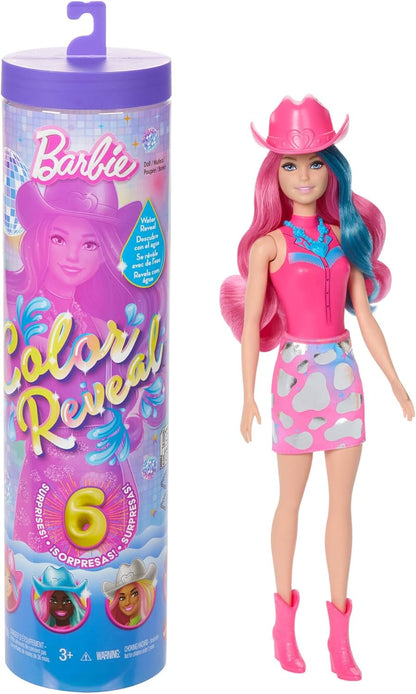 Barbie Boneca Color Reveal e acessórios com 6 surpresas, série Disco Star com brilho metálico e corpete que muda de cor (os estilos podem variar), JCP01