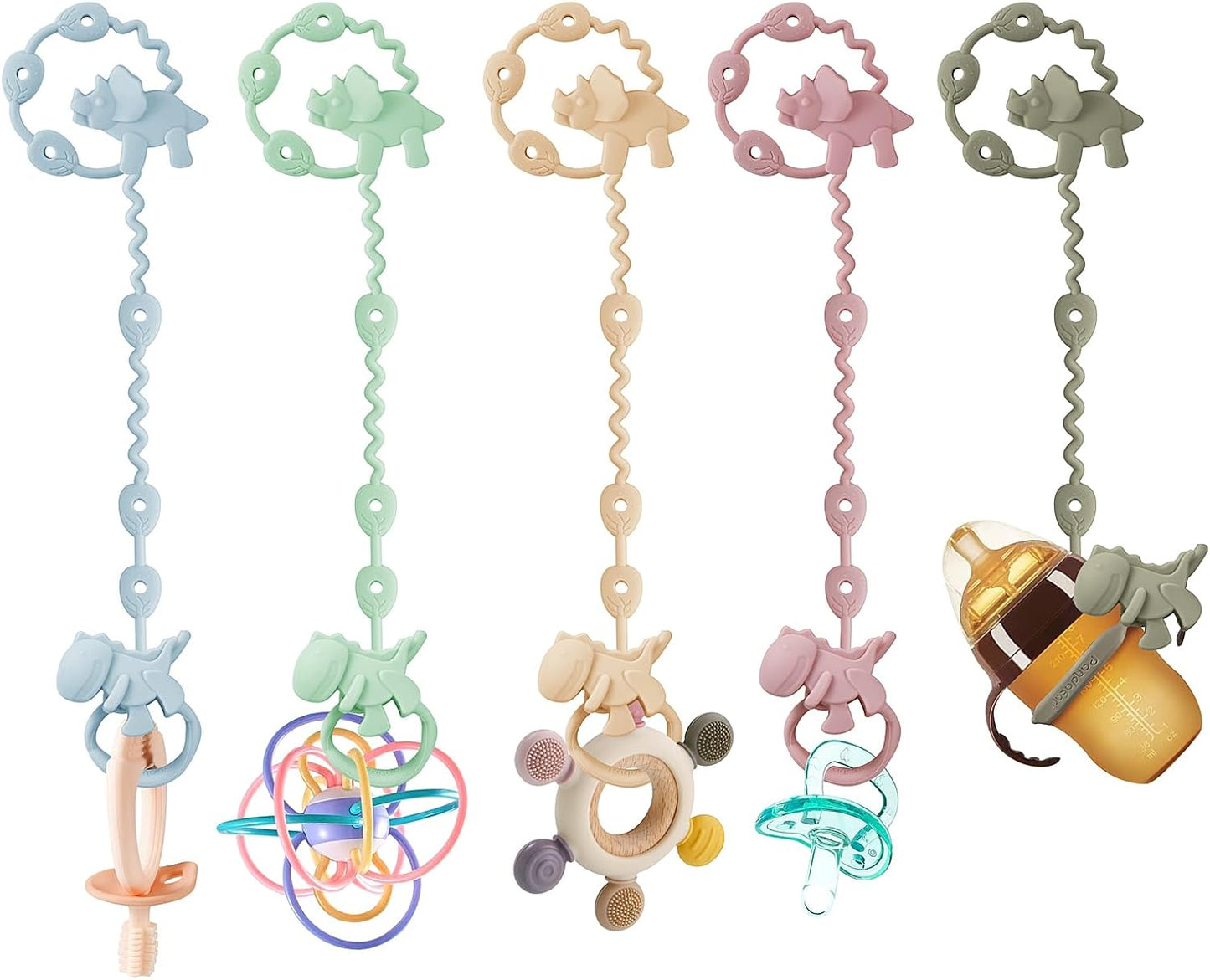 PandaEar Presilhas de silicone para brinquedos de bebê - Pacote com 5 unidades - Presilhas de segurança ajustáveis para chupeta e mordedor - Prendedores de silicone para mamadeiras, carrinhos de bebê, cadeiras de alimentação e berços.