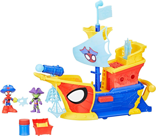 Spidey and his Amazing Friends Conjunto de brinquedo Marvel Water-Webs Webs Ahoy Bubble Pirate Ship de 43 cm com máquina de bolhas de sabão de verdade e figuras do Homem-Aranha e do Duende Verde.