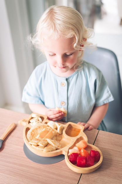 Juego de cuchara y plato de succión de bambú Moon and Moo Turtle para niños, niños pequeños y destete del bebé - No tóxico - Sin plástico - Permanece en su lugar - Plato de succión para bebé - Juego de destete para bebé (gris)