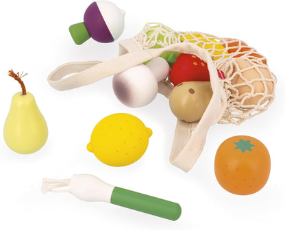 Janod - Conjunto de 12 frutas e vegetais - Bolsa de lona - Cesta de compras de brinquedo - Complemento ideal para cozinha de brinquedo e conjunto de chá - A partir de 3 anos, J06639