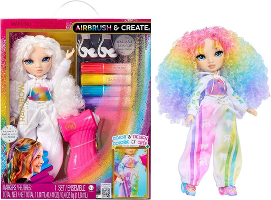 Rainbow High Air Brush & Create - 1 boneca fashion faça você mesmo com kit de aerógrafo, marcadores laváveis com efeito arco-íris, cabelo comprido, olhos verdes, brincadeira criativa para crianças de 4 a 12 anos ou mais.