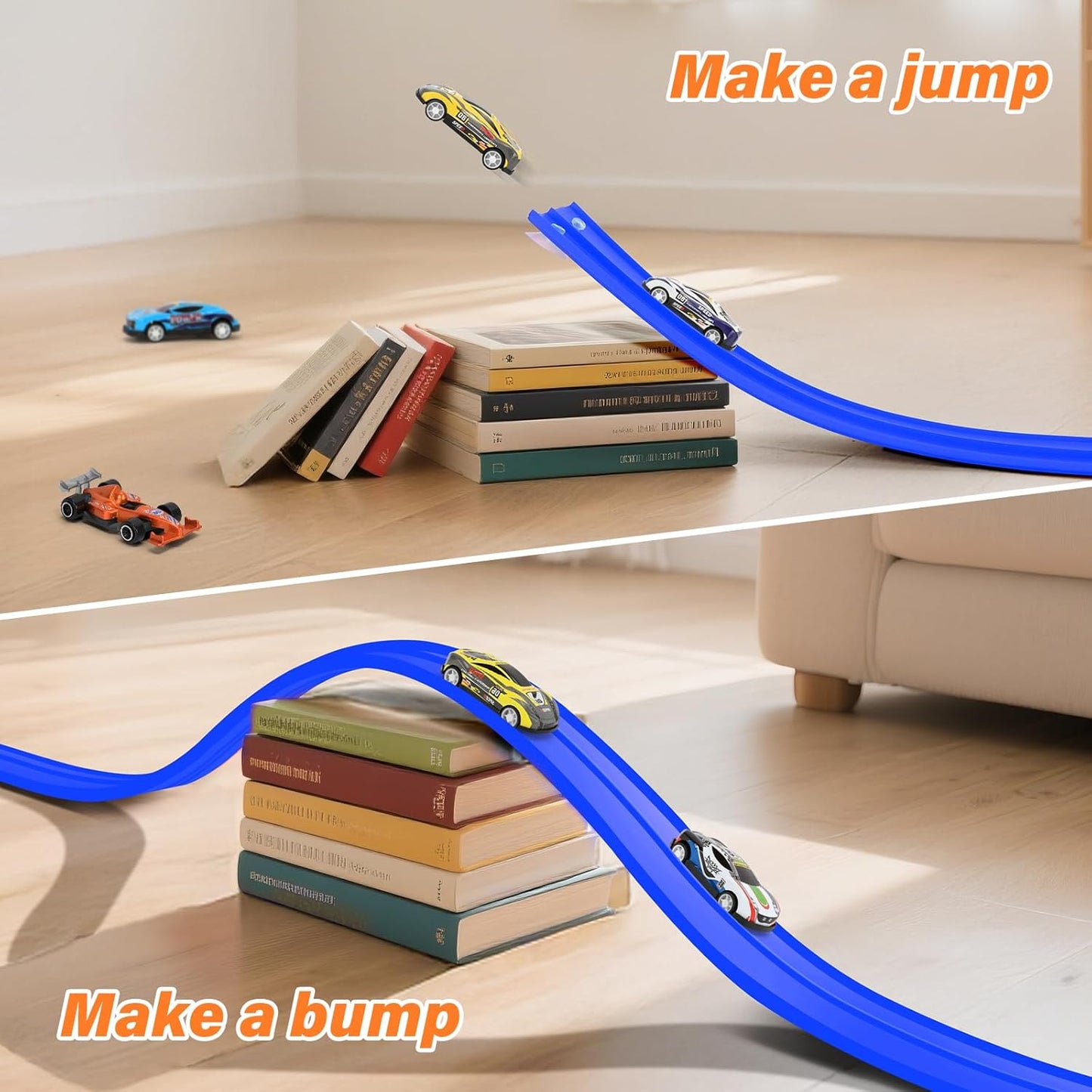 KETIEE Pista de corrida de 5m com 4 carrinhos: Pista de corrida flexível com rampas para carrinhos de brinquedo, enrolável e portátil, com saltos, loops e rampas para carrinhos de escala 1/64, para crianças a partir de 3 anos, azul.