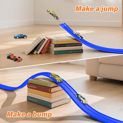 KETIEE Pista de corrida de 5m com 4 carrinhos: Pista de corrida flexível com rampas para carrinhos de brinquedo, enrolável e portátil, com saltos, loops e rampas para carrinhos de escala 1/64, para crianças a partir de 3 anos, azul.
