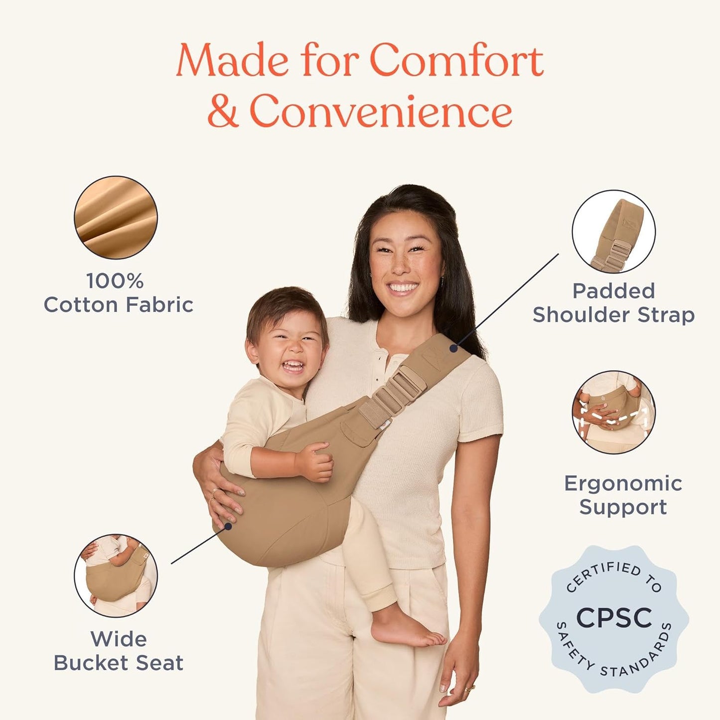 Ergobaby Canguru Upsie Sling para Bebês, Canguru Ergonômico para Bebês e Crianças a partir de 6 Meses (7,7-20,4 kg), Alternância Espontaneamente entre Andar e Ser Carregado, Cor Camelo