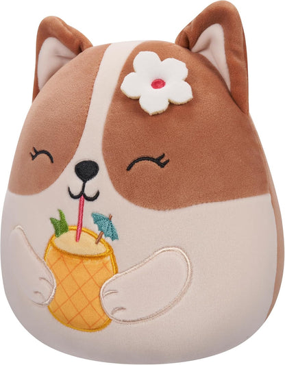 Squishmallows Original 7,5 Polegadas - Regina the Brown and White Corgi com Bebida de Abacaxi e Flor