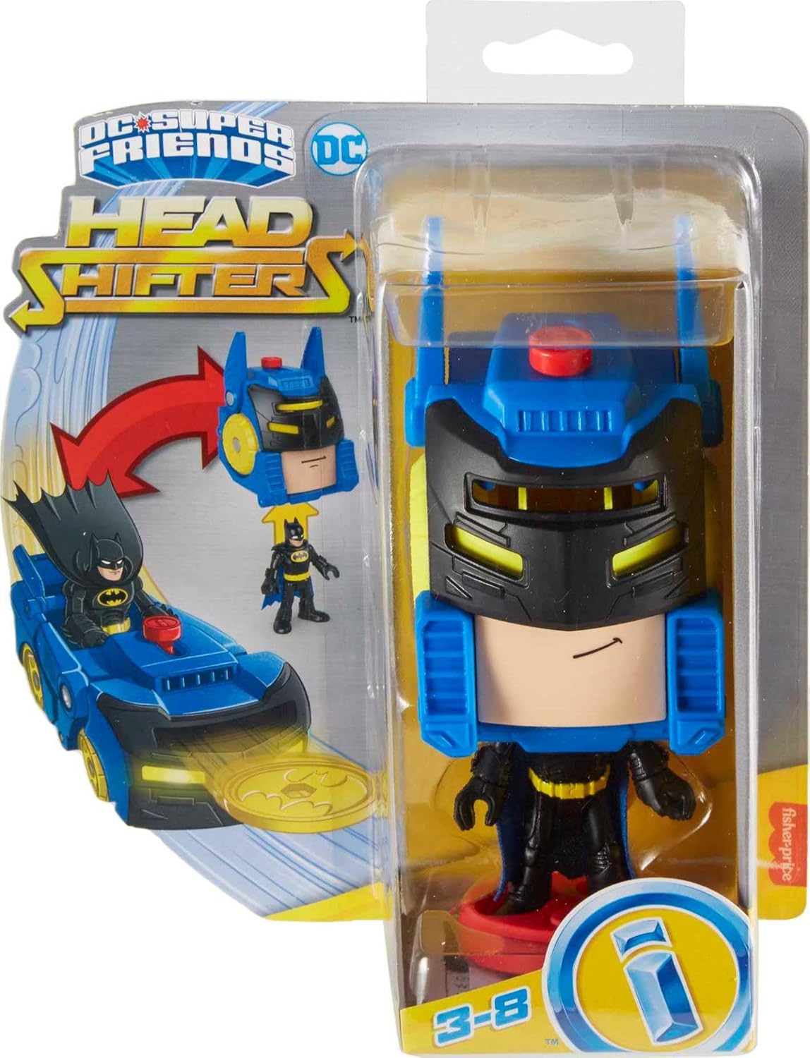 FP PRECOOL Fisher-Price Imaginext DC Super Friends Head Shifters Batman e Batmóvel transformável para brincadeiras de faz-de-conta a partir de 3 anos, HGX91, Multicolorido