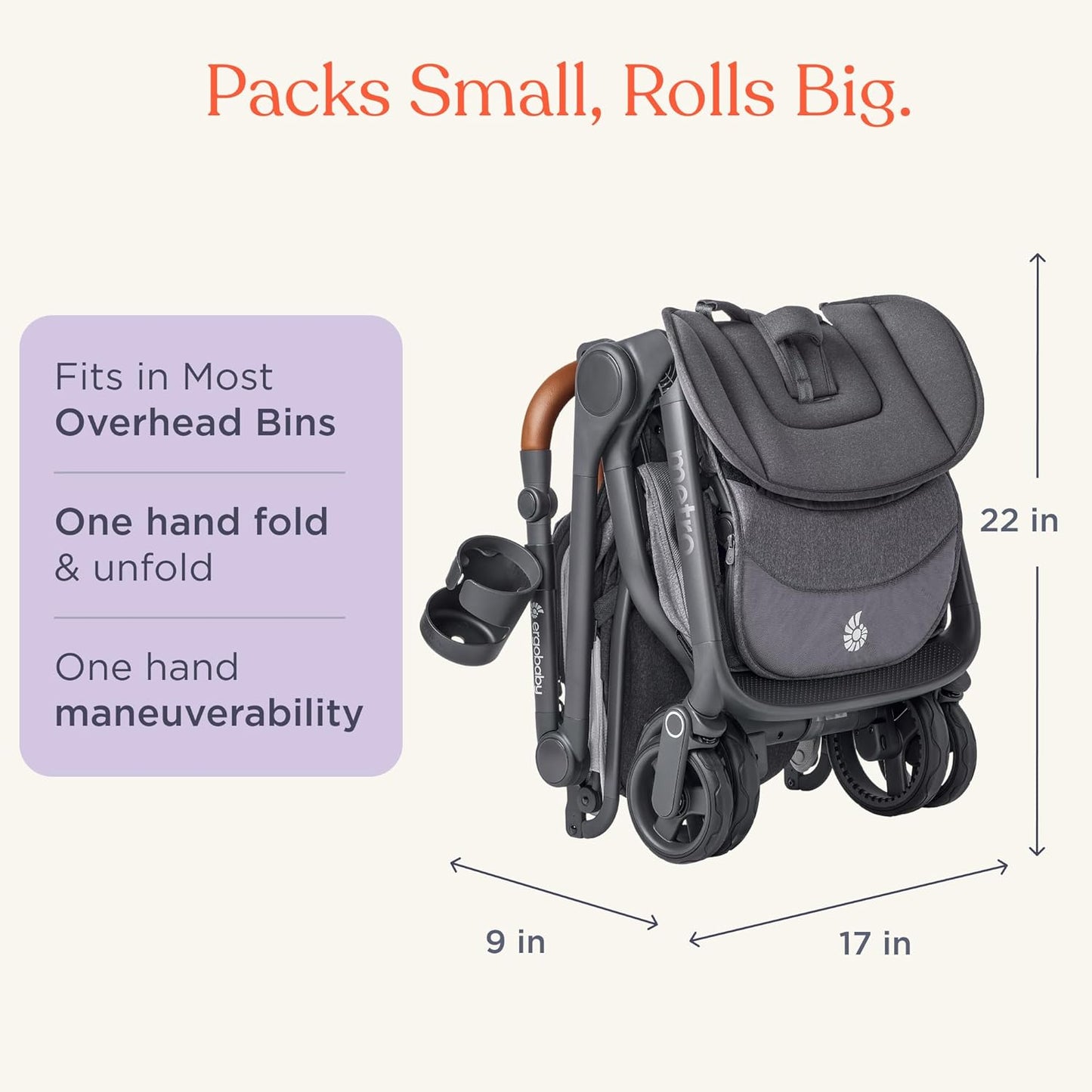 Ergobaby Carrinho de Bebê Metro 3 Deluxe com Função de Reclinação, Ideal para Bebês de 0 a 4 Anos (do Nascimento até 22kg), Dobrável com uma Só Mão e Compatível com Bebê Conforto, Cor Camelo