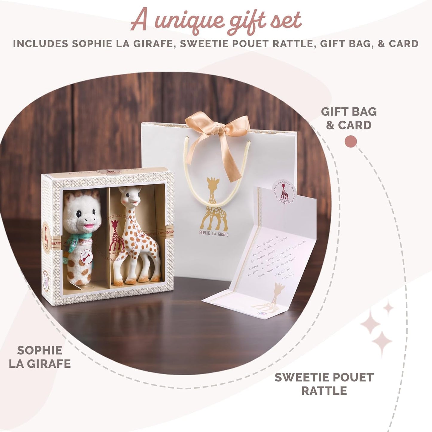 Sophie la girafe Conjunto de presente Sophiesticated Original com chocalho macio, brinquedo de dentição para bebês 100% em borracha natural, caixa de presente com sacola e cartão.