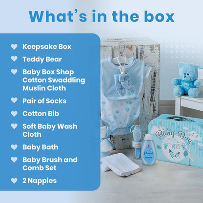 Baby Box Shop - Cesta de presentes para recém-nascidos, ursinho de pelúcia, itens essenciais e caixa de lembranças - presente ideal para chá de bebê e batizado