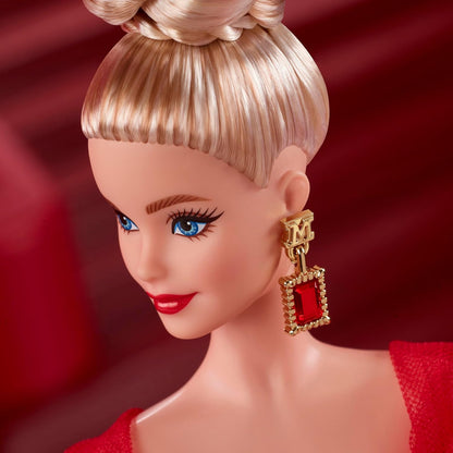 Barbie Boneca Signature, Edição de Colecionador do 80º Aniversário da Mattel, em Vestido de Tule Vermelho Brilhante com Brincos Pendentes e Luvas Transparentes, Cabelo Loiro, JBJ17