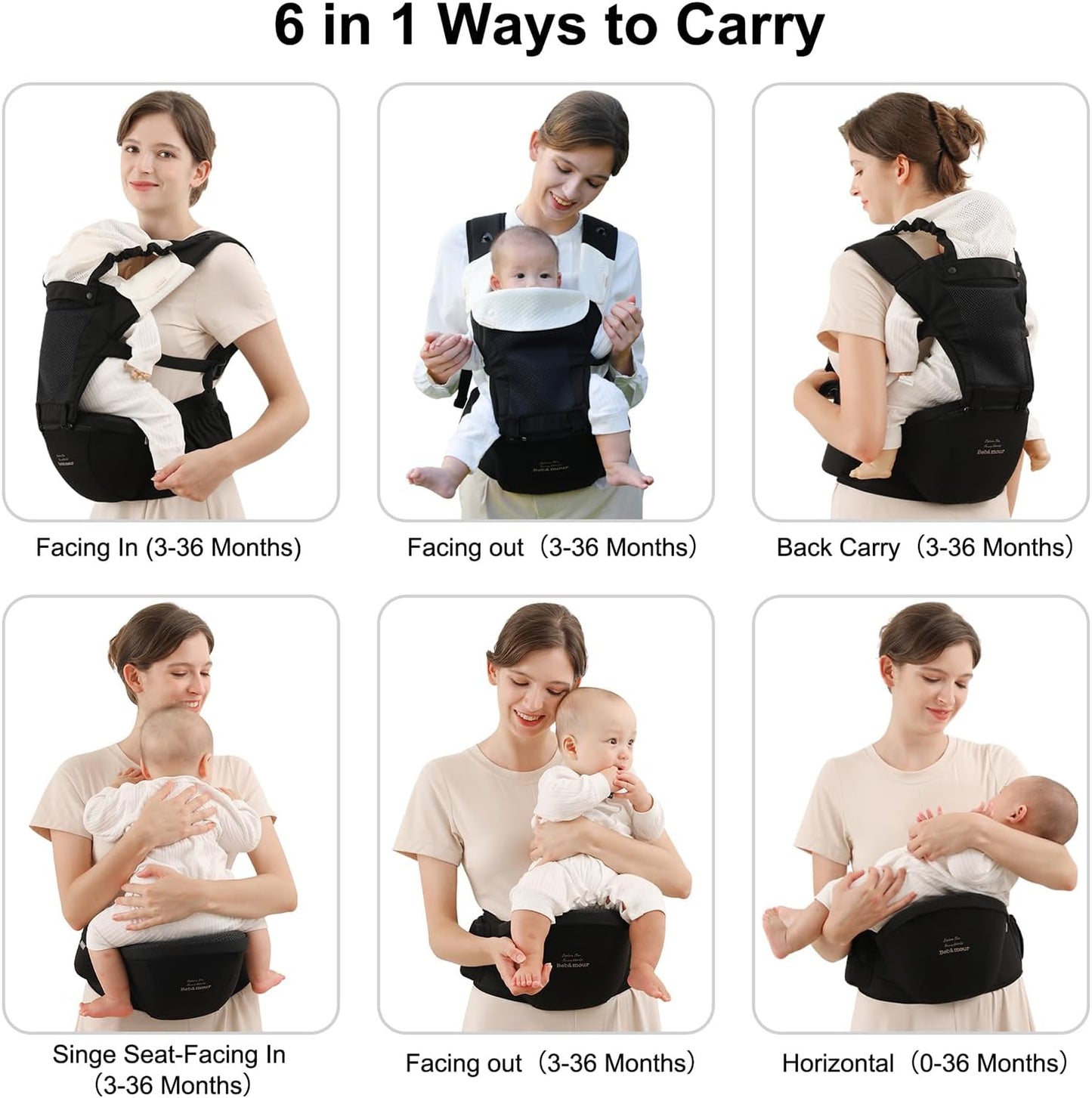 Bebamour Canguru para Bebê, para bebês de 0 a 36 meses, com assento de quadril, capuz para a cabeça, 3 protetores de dentição, extensor de cintura, preto.