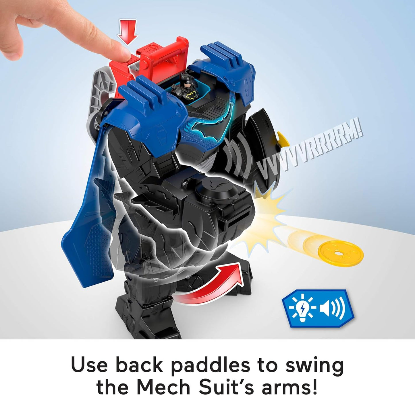 Fisher-Price Imaginext DC Super Friends Batman Robô de Voo com Luzes, Sons, Movimento e Figura de Ação de 7,6 cm (3 polegadas), Brinquedo de 37 cm (14,5 polegadas) Inclui Lançador e Discos, JDL03