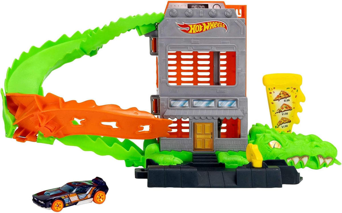 Hot Wheels Conjunto "Ataque da Pizza do Crocodilo" e carrinho em escala 1:64 | Lance os carrinhos pela pista para vencer o crocodilo inimigo e evitar ser devorado