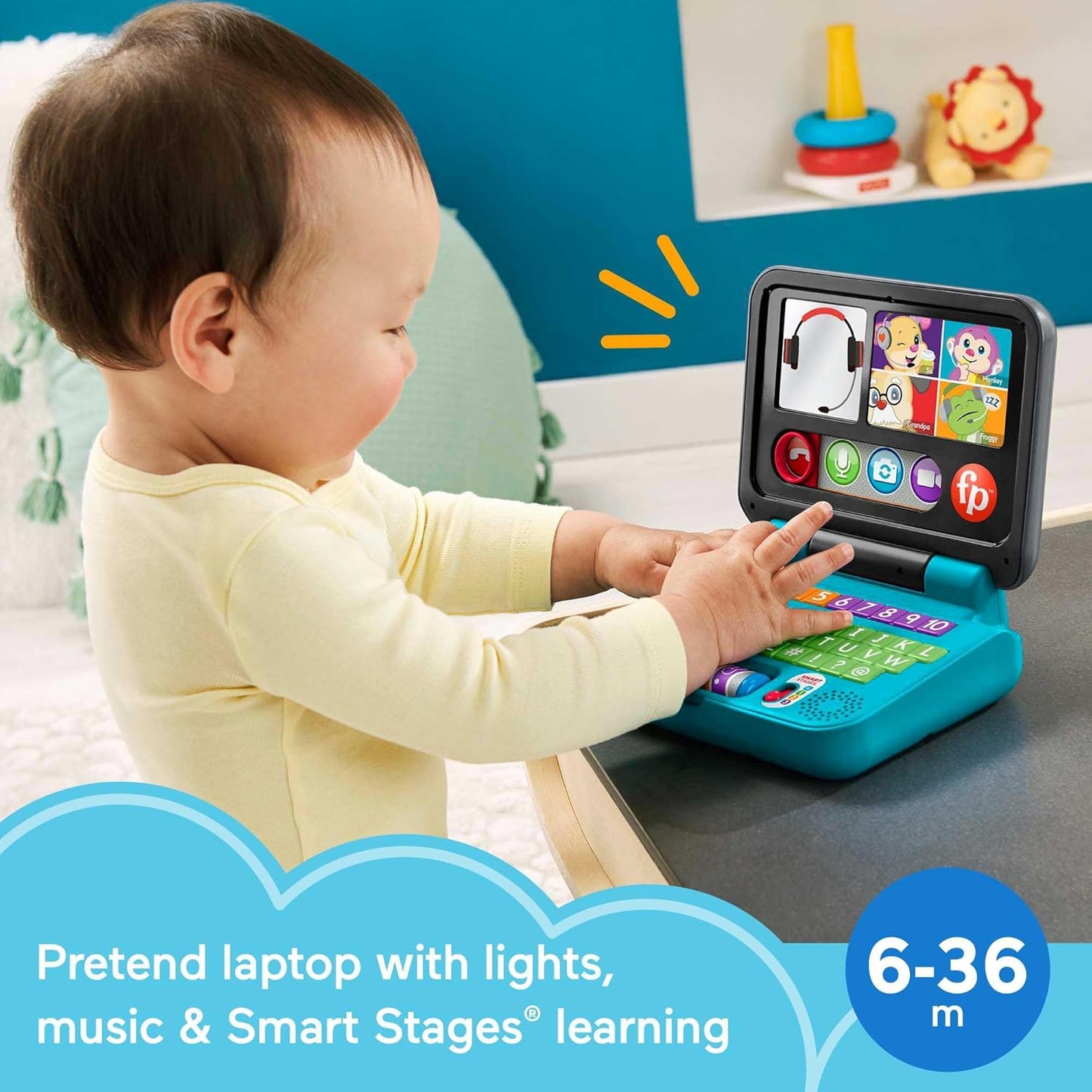 Laptop Fisher-Price Laugh & Learn Let's Connect - Edição em inglês do Reino Unido, brinquedo eletrônico com conteúdo de aprendizagem Smart Stages para bebês e crianças pequenas, HGW96