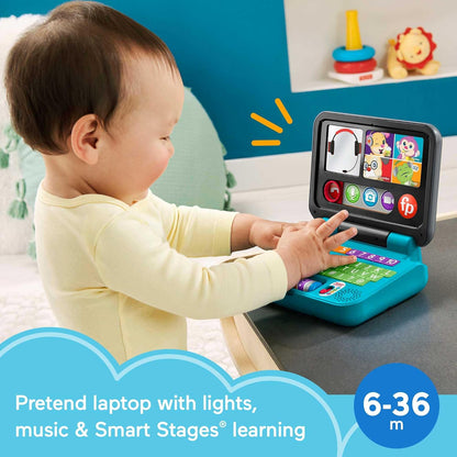 Laptop Fisher-Price Laugh & Learn Let's Connect - Edição em inglês do Reino Unido, brinquedo eletrônico com conteúdo de aprendizagem Smart Stages para bebês e crianças pequenas, HGW96