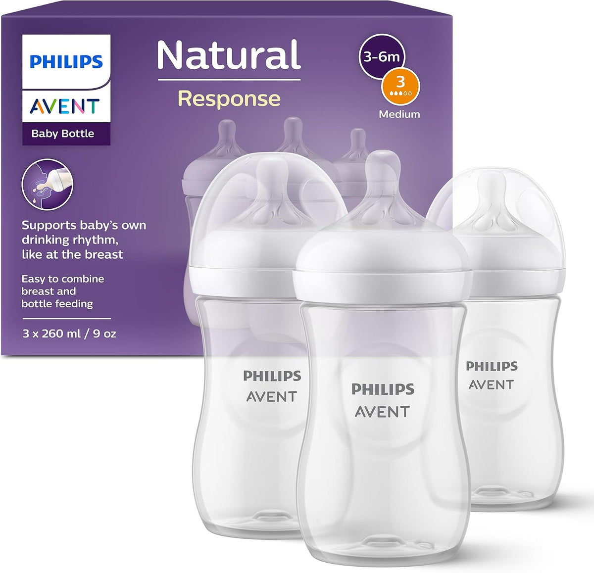 Philips Mamadeira Avent Natural Response – 3 unidades de 260 ml, para recém-nascidos e bebês maiores, livre de BPA, a partir de 1 mês (Modelo SCY903/03)