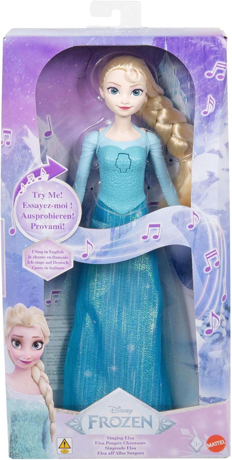 Mattel Boneca Disney Frozen Elsa que Canta "Let It Go" em 4 Idiomas | Boneca Fashion Musical Articulada que Canta em Inglês, Alemão, Italiano e Francês e Vem com Saia e Sapatos Removíveis, JDL58