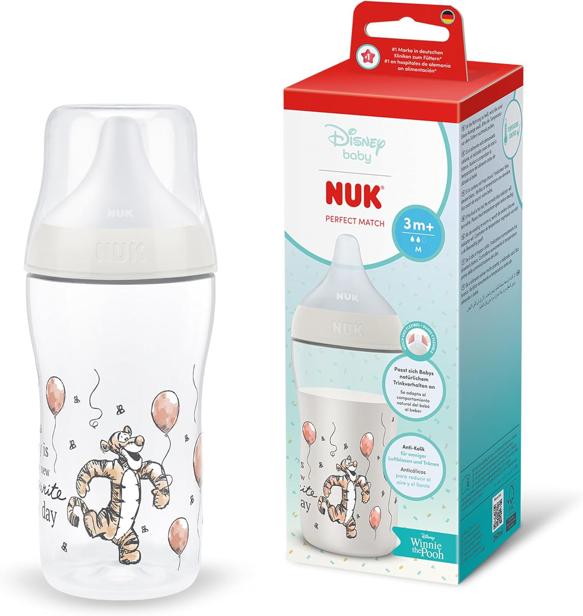 NUK Mamadeira Perfect Match | 0+ meses | 260 ml | Mamadeira anticólica | Polipropileno (PP) | Indicador de controle de temperatura | Tigrão | 1 unidade