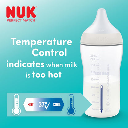 NUK Mamadeira Perfect Match | 3+ Meses | 260ml | Anticólica | PP | Indicador de Temperatura | Hipopótamo | Pacote com 3 unidades