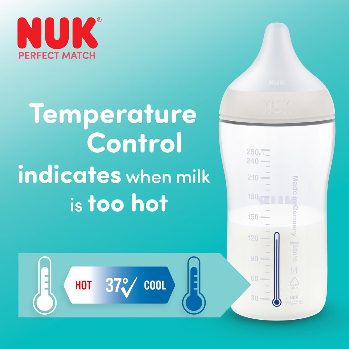 NUK Mamadeira Perfect Match | 0+ meses | 150 ml | Mamadeira anticólica | Polipropileno (PP) | Indicador de controle de temperatura | Ovelha | 1 unidade