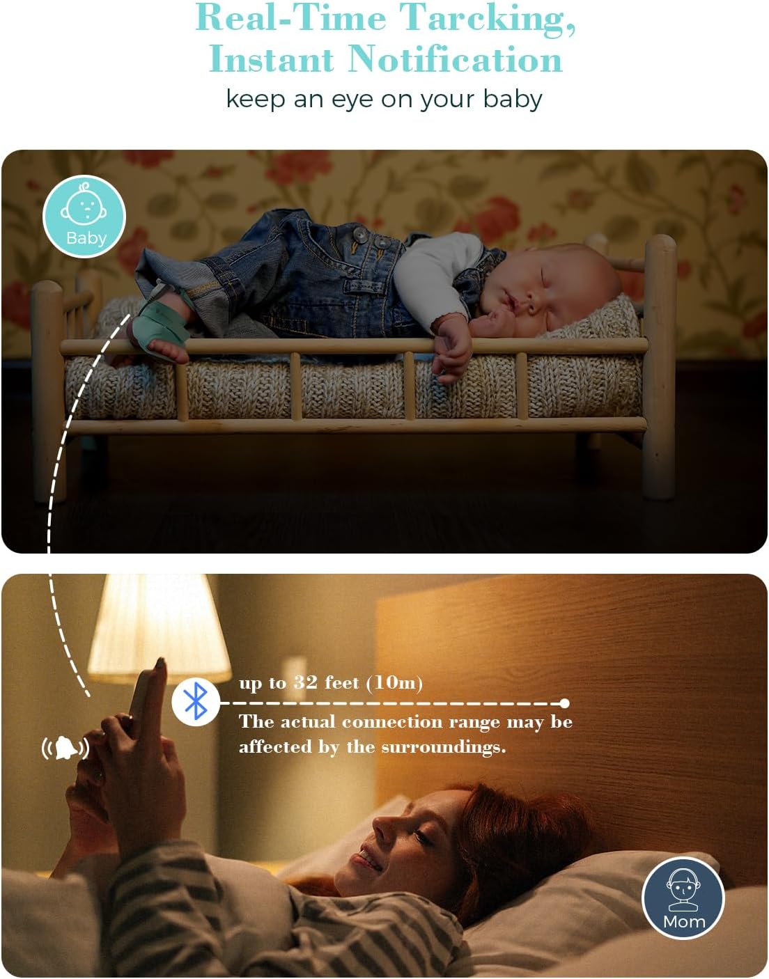 Babytone Oxímetro de pulso para bebês, meia inteligente para bebês com monitoramento de nível de oxigênio, frequência cardíaca e pulso, monitor de pés infantil vestível com aplicativo Bluetooth para recém-nascidos de 0 a 36 meses