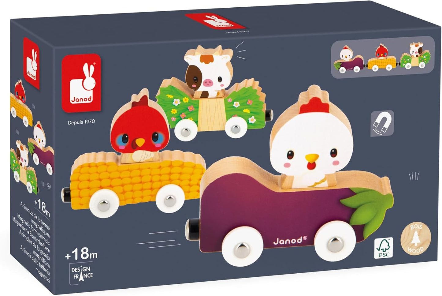 Janod - Animais de Fazenda Magnéticos - Brinquedo de Aprendizagem Precoce - 3 Veículos + 3 Animais em Madeira - Desenvolve Destreza - Jogo de Madeira FSC - 18 Meses +,