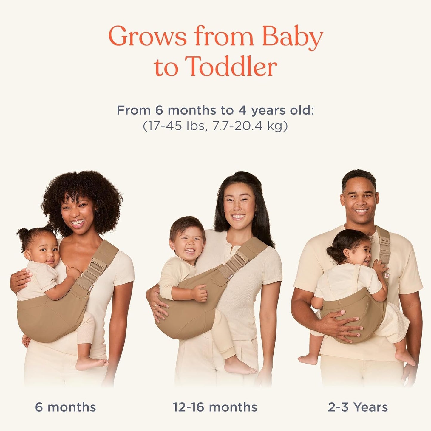 Ergobaby Canguru Upsie Sling para Bebês, Canguru Ergonômico para Bebês e Crianças a partir de 6 Meses (7,7-20,4 kg), Alternância Espontaneamente entre Andar e Ser Carregado, Cor Camelo