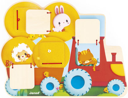 Janod - Quebra-cabeça de esconde-esconde de trator de madeira - 5 portas para abrir - Desenvolve habilidades motoras finas - Brinquedo de desenvolvimento para crianças - A partir de 12 meses - J07128