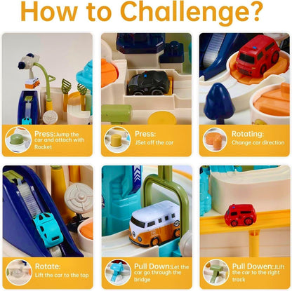 Pista de Corrida Infantil de Brinquedo para Meninos de 3 a 8 Anos, Brinquedo de Aventura com Carros, Conjunto de Resgate na Cidade Espacial com 4 Mini Carros, Brinquedo Educativo para Crianças em Idade Pré-Escolar.