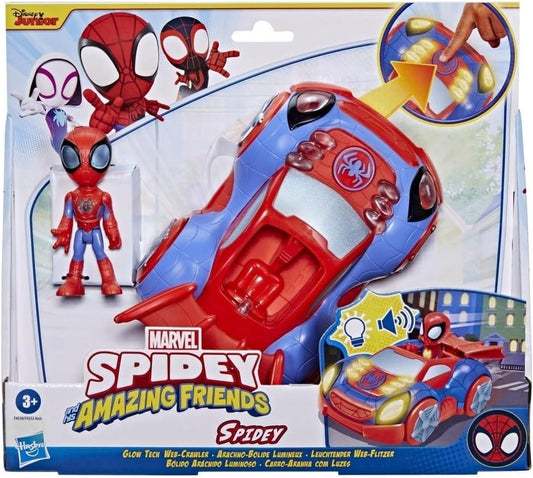 SPIDEY Y SUS AMAZING FRIENDS Hasbro Marvel Glow Tech Web-Crawler Vehicle, juguete preescolar con luces y sonidos, edades de 3 años en adelante, multicolor (F4530)