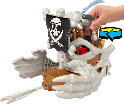 Fisher-Price Conjunto de brinquedo Imaginext Billy Bones Pirata com 3 figuras de ação, barco de brinquedo com mãos de esqueleto e lançador, 7 acessórios, JLC51