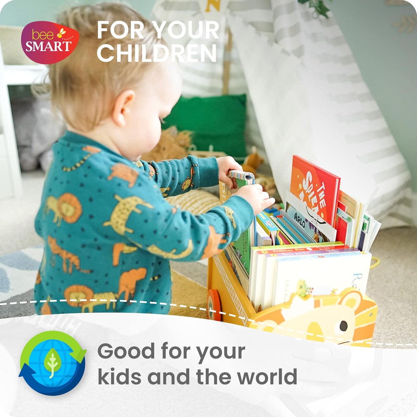 Bee Smart Caixa de brinquedos de madeira - Animal Leão | Carrinho pull along 2 em 1 e caixa de armazenamento sobre rodas para berçário ou quarto infantil | Troncos de bebê para brinquedos infantis