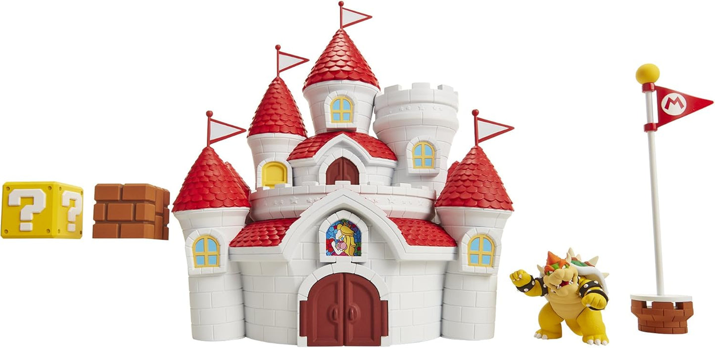 Nintendo Playset do Castelo do Reino Cogumelo da, oficialmente licenciado pela Jakks Pacific, inclui figura de ação exclusiva do Bowser de 6 cm (2,5") e acessórios, além de um pôster de parede.