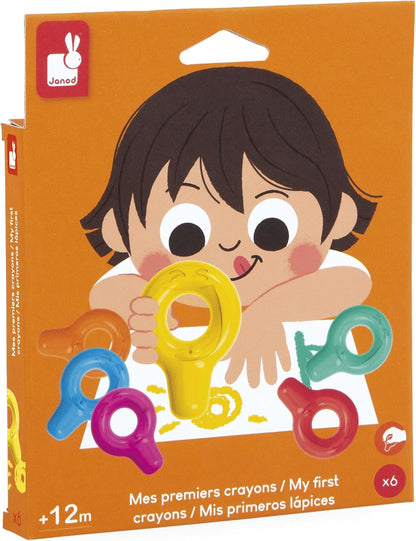 Janod - Conjunto de 3 tesouras com 3 formatos de corte - Pontas arredondadas e seguras - Lâminas de plástico - Ideal, Janod - Meus primeiros lápis de cera - 6 lápis de cera para bebês a partir de 12 meses - Adequado
