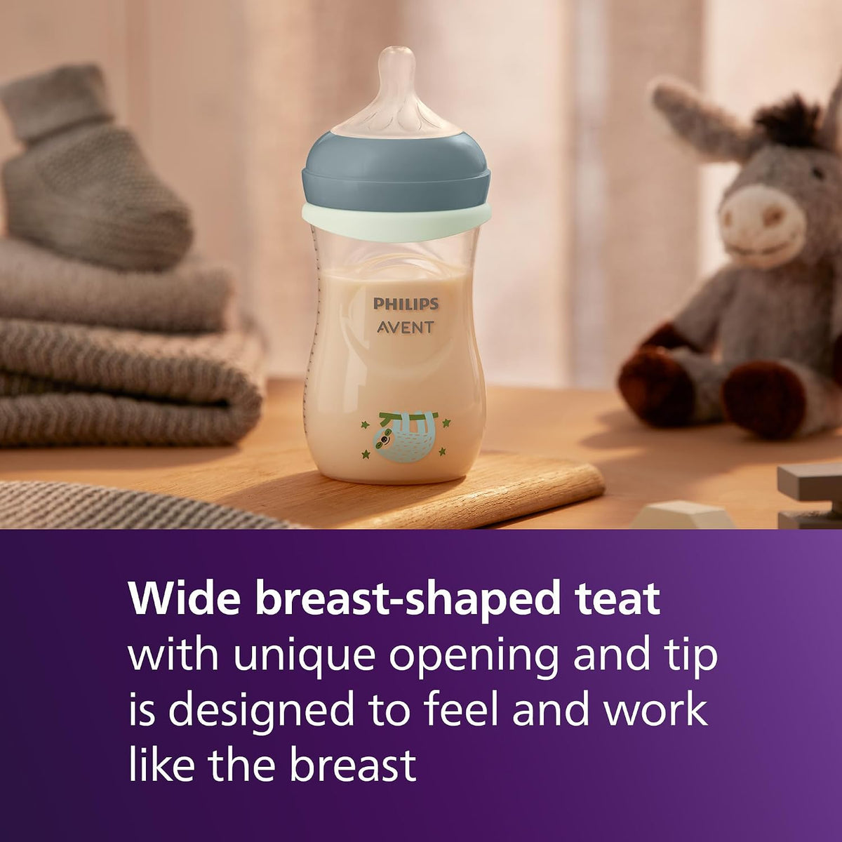 Philips Mamadeira Avent Natural Response para a noite - 260 ml, com bico de fluxo médio (fluxo 3), inclui anel que brilha no escuro, estampa de bicho-preguiça, SCY903/81
