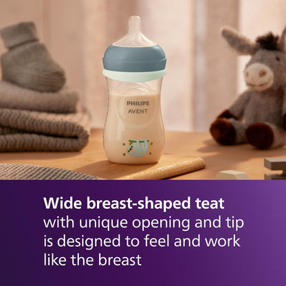 Philips Mamadeira Avent Natural Response para a noite - 260 ml, com bico de fluxo médio (fluxo 3), inclui anel que brilha no escuro, estampa de bicho-preguiça, SCY903/81
