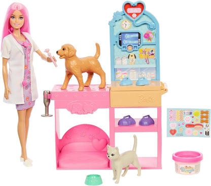 Barbie Conjunto de Clínica Veterinária Fast Cast com Boneca Fashion de Cabelo Rosa, Mobiliário Veterinário e Mais de 10 Acessórios, Incluindo Moldes e Massa para Curativos.